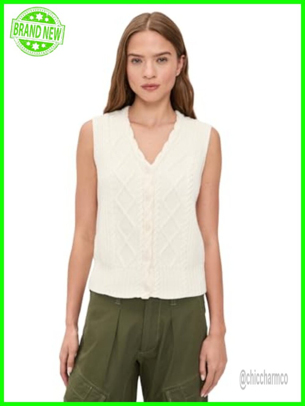 Cable Knit Sweater Vest Cropped V-Neck Sleeveless Layering